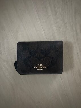Coach Black Signature Compact Fold Wallet with Gold Logo Accent